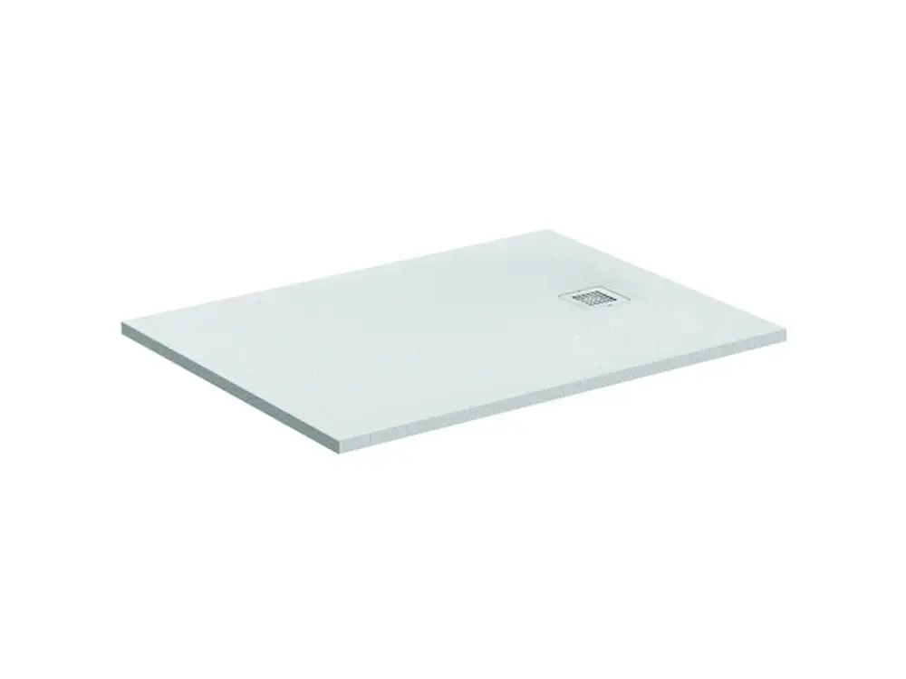 Brausewanne in weißer Ausführung, flaches Design, mit einem Ablaufgitter. Produkt von Ideal Standard, geeignet für moderne Badezimmerinstallationen.